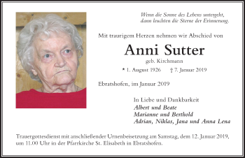 Traueranzeige von Anni Sutter von Der Westallgäuer