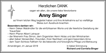 Traueranzeige von Anny Singer von Memminger Zeitung