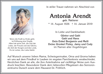 Traueranzeige von Antonia Arendt von Allgäuer Zeitung,Kempten