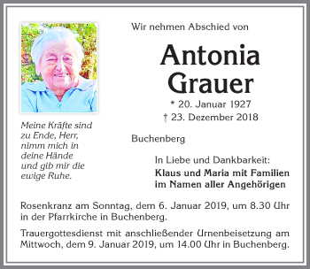 Traueranzeige von Antonia Grauer von Allgäuer Zeitung,Kempten