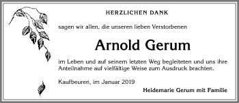 Traueranzeige von Arnold Gerum von Allgäuer Zeitung, Kaufbeuren/Buchloe