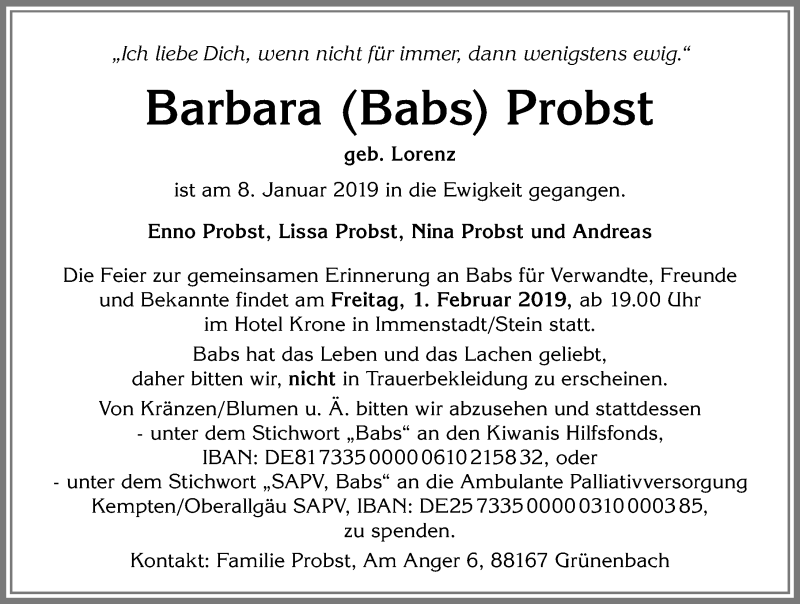  Traueranzeige für Barbara Probst vom 24.01.2019 aus Allgäuer Zeitung