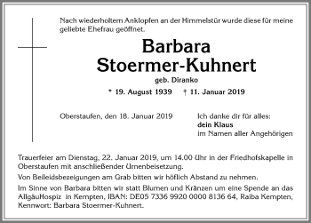 Traueranzeige von Barbara Stoermer-Kuhnert von Allgäuer Anzeigeblatt