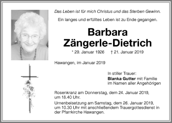 Traueranzeige von Barbara Zängerle-Dietrich von Memminger Zeitung