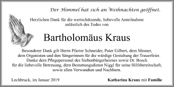 Traueranzeige von Bartholomäus Kraus von Allgäuer Zeitung, Füssen