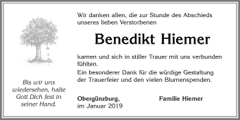 Traueranzeige von Benedikt Hiemer von Allgäuer Zeitung, Marktoberdorf
