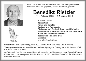 Traueranzeige von Benedikt Rietzler von Allgäuer Zeitung, Marktoberdorf