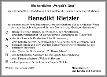 Traueranzeige von Benedikt Rietzler von Allgäuer Zeitung, Marktoberdorf