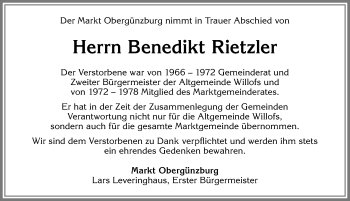 Traueranzeige von Benedikt Rietzler von Allgäuer Zeitung, Marktoberdorf