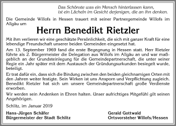 Traueranzeige von Benedikt Rietzler von Allgäuer Zeitung, Marktoberdorf