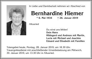 Traueranzeige von Bernhardine Hiemer von Allgäuer Zeitung,Kempten