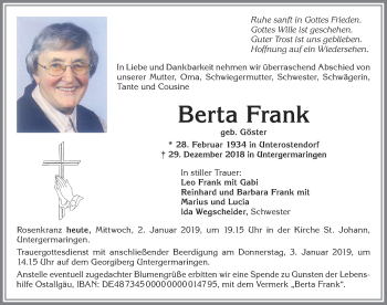 Traueranzeige von Berta Frank von Allgäuer Zeitung, Kaufbeuren/Buchloe