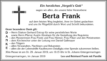 Traueranzeige von Berta Frank von Allgäuer Zeitung, Kaufbeuren/Buchloe