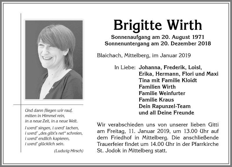  Traueranzeige für Brigitte Wirth vom 05.01.2019 aus Allgäuer Anzeigeblatt