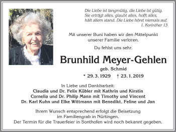 Traueranzeige von Brunhild Meyer-Gehlen von Allgäuer Anzeigeblatt