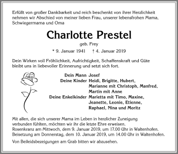 Traueranzeige von Charlotte Prestel von Allgäuer Zeitung,Kempten