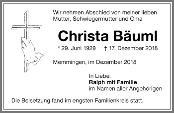 Traueranzeige von Christa Bäuml von Memminger Zeitung