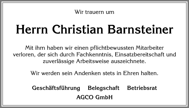  Traueranzeige für Christian Barnsteiner vom 07.01.2019 aus Allgäuer Zeitung, Marktoberdorf