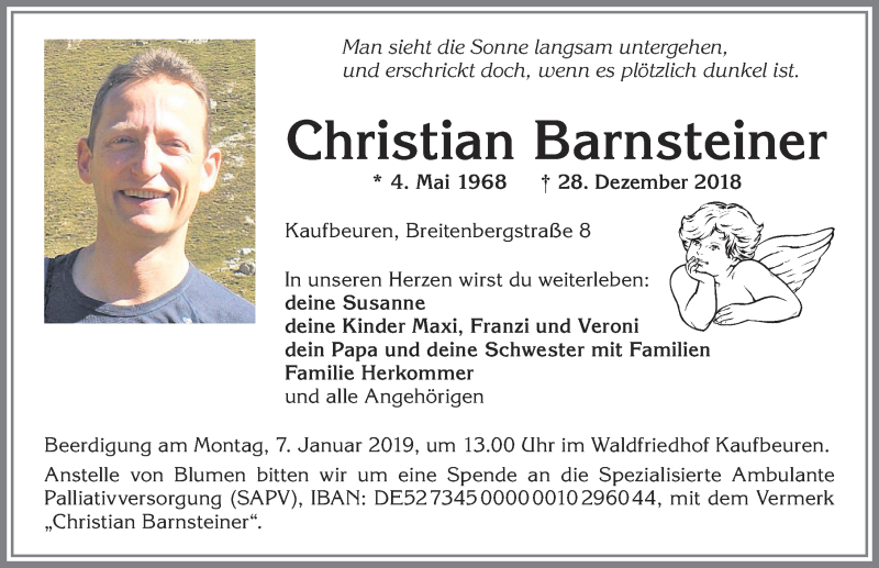  Traueranzeige für Christian Barnsteiner vom 03.01.2019 aus Allgäuer Zeitung