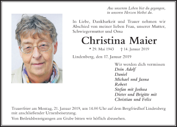 Traueranzeige von Christina Maier von Der Westallgäuer