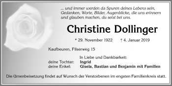 Traueranzeige von Christine Dollinger von Allgäuer Zeitung, Kaufbeuren/Buchloe