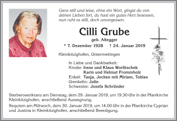 Traueranzeige von Cilli Grube von Allgäuer Zeitung, Kaufbeuren/Buchloe