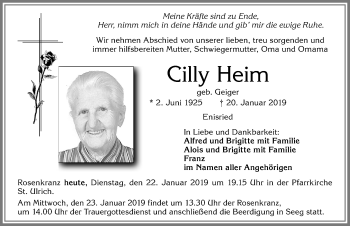 Traueranzeige von Cilly Heim von Allgäuer Zeitung, Füssen