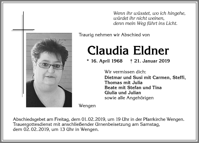  Traueranzeige für Claudia Eldner vom 29.01.2019 aus Allgäuer Zeitung,Kempten
