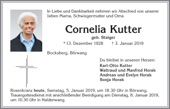 Traueranzeige von Cornelia Kutter von Allgäuer Zeitung,Kempten