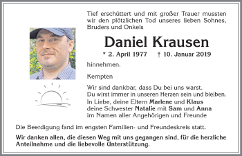 Traueranzeige von Daniel Krausen von Allgäuer Zeitung,Kempten