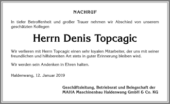 Traueranzeige von Denis Topcagic von Allgäuer Zeitung,Kempten
