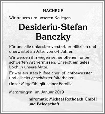 Traueranzeige von Desideriu-Stefan Banczky von Memminger Zeitung