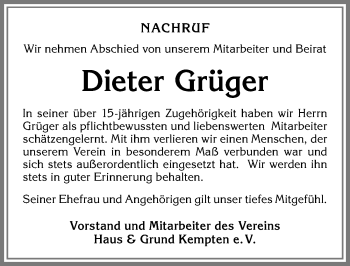 Traueranzeige von Dieter Grüger von Allgäuer Zeitung,Kempten
