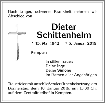 Traueranzeige von Dieter Schittenhelm von Allgäuer Zeitung,Kempten