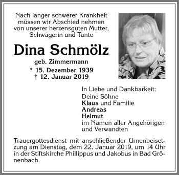 Traueranzeige von Dina Schmölz von Allgäuer Zeitung,Kempten