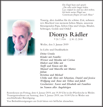 Traueranzeige von Dionys Rädler von Der Westallgäuer