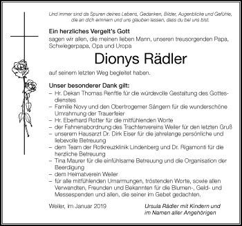 Traueranzeige von Dionys Rädler von Der Westallgäuer