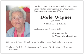 Traueranzeige von Dorle Wagner von Der Westallgäuer