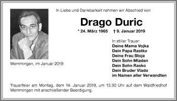 Traueranzeige von Drago Duric von Memminger Zeitung