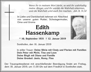 Traueranzeige von Edith Hassenkamp von Allgäuer Anzeigeblatt