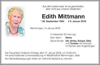 Traueranzeige von Edith Mittmann von Memminger Zeitung