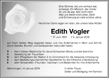 Traueranzeige von Edith Vogler von Memminger Zeitung