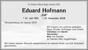 Traueranzeige von Eduard Hofmann von Allgäuer Zeitung, Marktoberdorf
