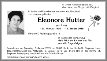 Traueranzeige von Eleonore Hutter von Allgäuer Zeitung