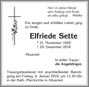 Traueranzeige von Elfriede Sette von Allgäuer Zeitung,Kempten