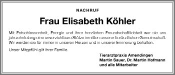 Traueranzeige von Elisabeth Köhler von Memminger Zeitung