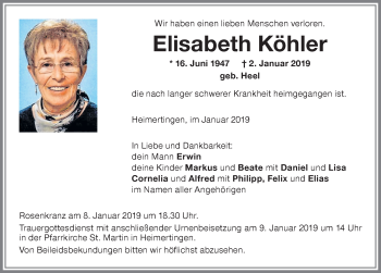 Traueranzeige von Elisabeth Köhler von Memminger Zeitung