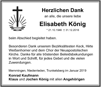 Traueranzeige von Elisabeth König von Memminger Zeitung