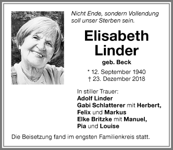 Traueranzeige von Elisabeth Linder von Memminger Zeitung