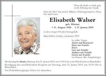 Traueranzeige von Elisabeth Walser von Der Westallgäuer